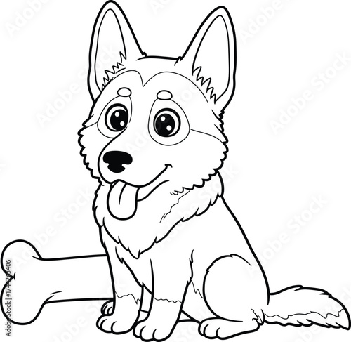 Cute German Shepherd Dogs Coloring Pages Forest, and on Giant Mushrooms, Night Sky and Day Scenes, Line Art for Kids.