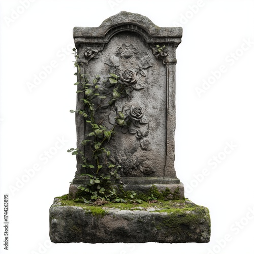 Weathered stone tombstone with carved rose and vine details moss accents halloween graveyard elegant white isolated surface