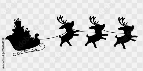 Silhouette of Santa Claus flying in his sleigh pulled by reindeer across the night sky. Classic Christmas symbol representing the magic and wonder of the holiday season