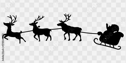 Silhouette of Santa Claus flying in his sleigh pulled by reindeer across the night sky. Classic Christmas symbol representing the magic and wonder of the holiday season