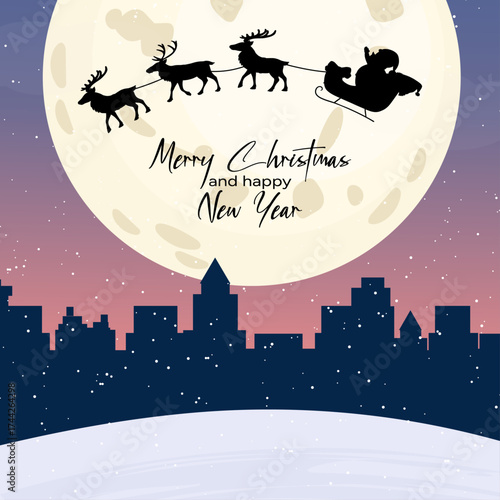 Beautiful Christmas silhouette illustration of Santa Claus flying in his sleigh with reindeer across a large glowing moon above a big city skyline. Magical winter night scene wonder of Christmas Eve