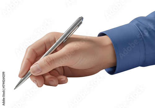 Human hand holding a pen ready to write document business professional writing tool in action isolated on transparent background