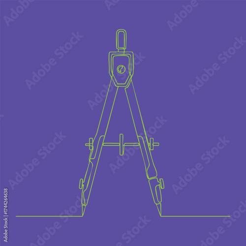 Technical drawing of a drafting compass with detailed parts and measurements on a solid