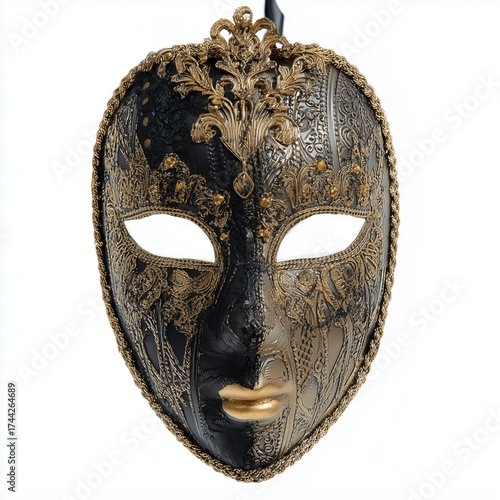 Ornate venetian style mask with gold filigree and black lace details halloween masquerade elegant white isolated surface