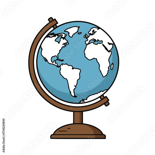 Charming Cartoon Style World Globe Vector Illustration on Brown Stand
