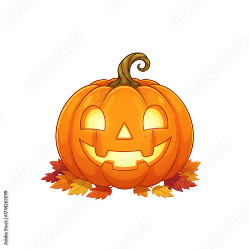 Glowing Jack-o- Lantern Pumpkin with Autumn Leaves Halloween jack-o-lantern