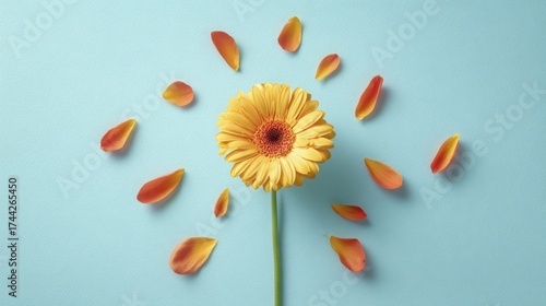 Cheerful yellow Gerbera flower with scattered orange petals arranged radially on a light blue surface
