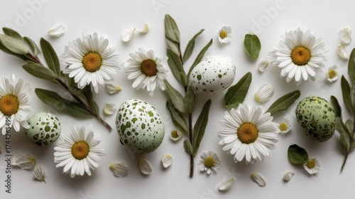 Springtime Composition of Speckled Eggs, White Daisies, and Green Leaves on a White Background