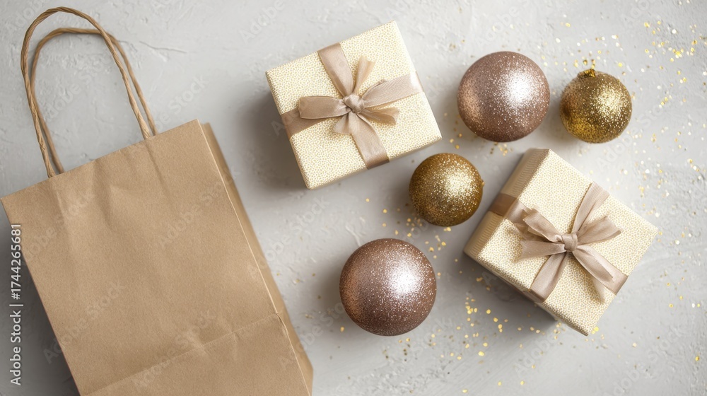 Fototapeta premium Golden gift boxes and sparkling ornaments with a brown paper shopping bag on a textured grey surface