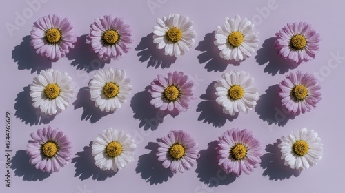 White and purple daisy flowers with yellow centers arranged in rows on a lavender surface with long shadows