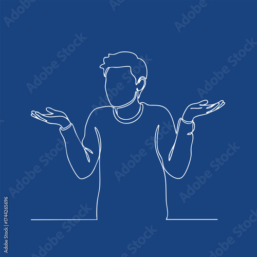Minimalist line drawing of a person with raised hands and a puzzled or questioning gesture on a solid blue