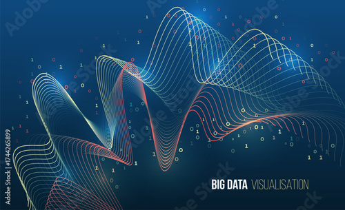 A colorful wave of binary code in the form of graphs symbolizing big data visualization, analytics and information flow on a dark digital background.