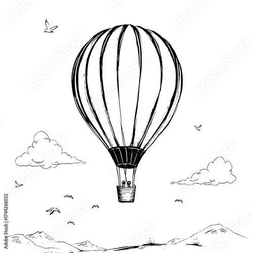 Black and White Hand-Drawn Hot Air Balloon Illustration with Birds, Clouds, and Mountain Landscape
