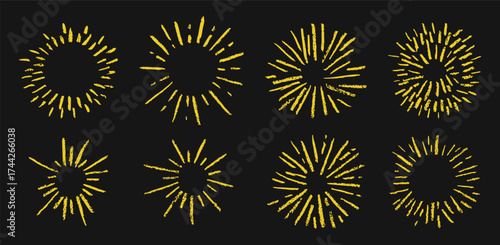 Crayon chalk sunburst textured doodle elements. Chalk kids confetti and firework illustration with grunge pencil texture	