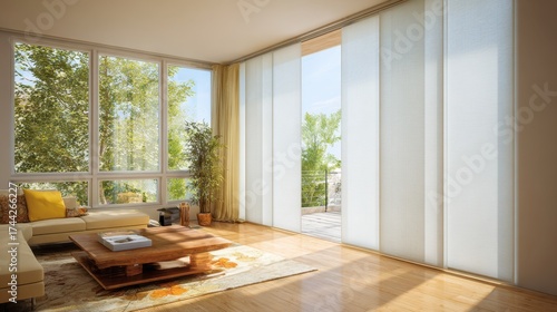 Medium frame capturing retractable panel track system folding neatly to the side with the foremost panel crisply detailed and the rest of the room blurred artistically.