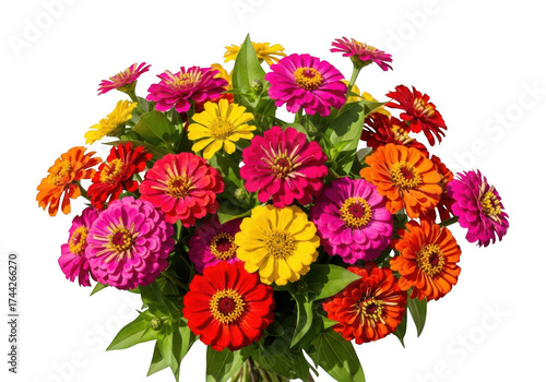 Vibrant bouquet of colorful zinnia flowers in full bloom isolated on a dark backdrop isolated on transparent background