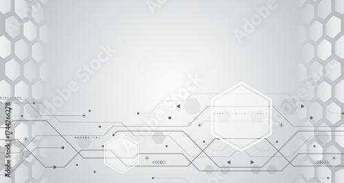 An abstract technological background featuring hexagons, a circuit board, and glowing stripes on a gray background. Suitable for high-tech presentations and banners. Geometric, futuristic concept.
