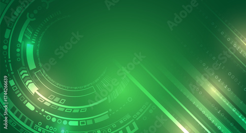Futuristic green technology background with binary code, circular digital interface, and glowing lines. Modern tech concept for innovation, data, and digital design. For high tech banner.