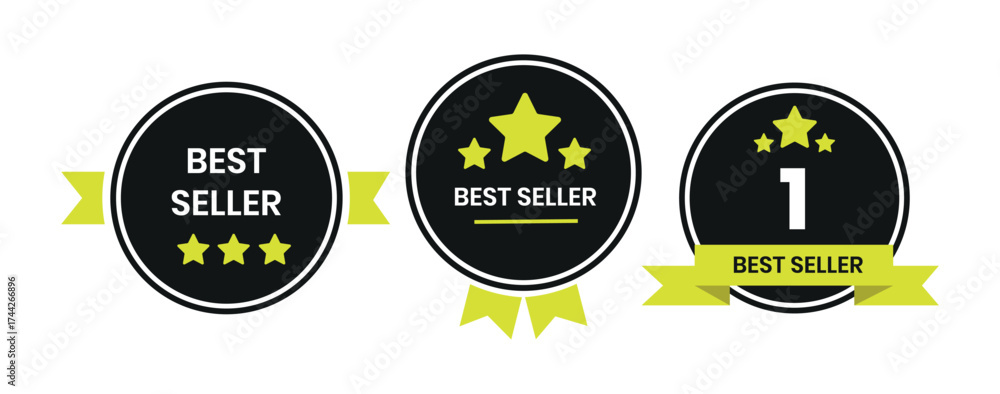 Naklejka premium Best seller badge logo design. Best seller sticker label. 100% Satisfaction Guaranteed. Vector Illustration. Best seller logo, label, sign, badge, symbol, banner, line, vector, isolated illustration.
