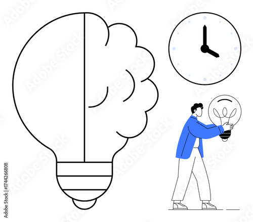 Brain-shaped light bulb, wall clock, and person holding a light bulb. Ideal for creativity, innovation, time management, brainstorming, productivity problem-solving and teamwork. Minimal flat