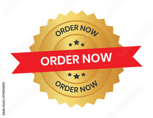 Order now. Order now round blue and gold label isolated on transparent background. Order now logo, label, sign, badge, symbol, banner, line, flat vector, isolated illustration.