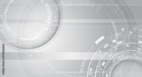 Modern tech concept for innovation, data, and digital communication. Futuristic white and gray technology background with digital circular interface and geometric patterns.