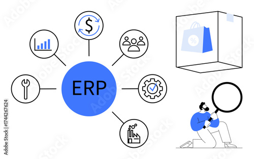 Central ERP circle connects icons thumbs up analytics, finance, user management, and tools with a worker inspecting data. Ideal for teamwork, management, operations, strategy, analysis business