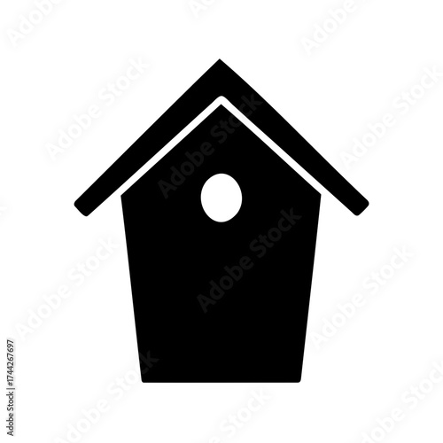 Minimalist black and white illustration of a birdhouse with a circular entrance