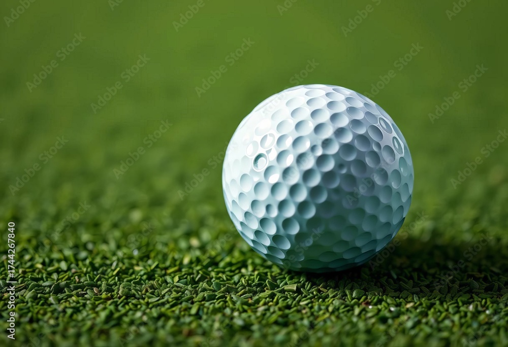 Obraz premium Close-up of a dimpled golf ball on a green putting surface, texture, sport
