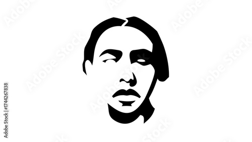 Minimalist black and white portrait of a person with hair and facial features in stark contrast