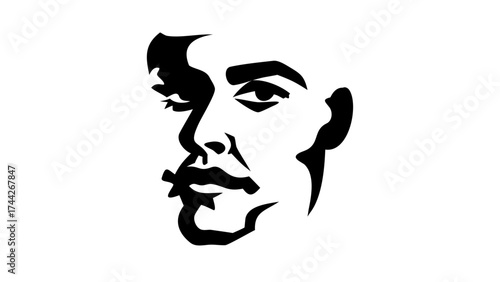 A stark black and white portrait of a man with a mustache and cigarette in his mouth, facing left