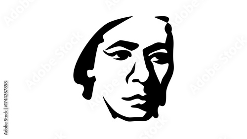 Illustration of a person's face in black and white with strong shadows and defined facial features