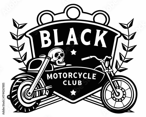 Black motorcycle club logo with skull rider and laurel branches in monochrome vector illustration design