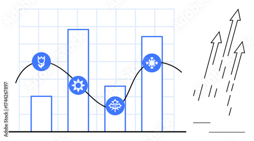 Simplistic bar chart with seasonal icons representing data fluctuations and growth trend arrows. Ideal for data analysis, science, growth, research, climate trends, business evaluation, simple flat