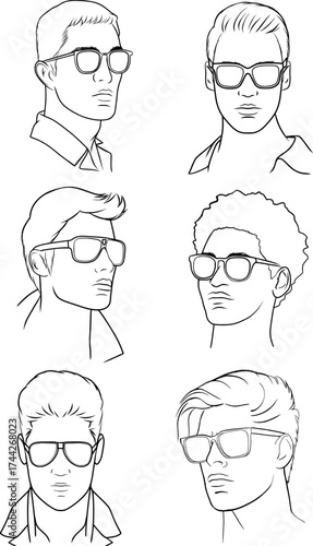 Man portrait, set of  vector outline illustration