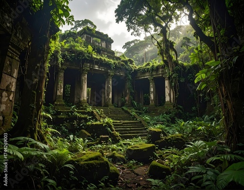Ruined temple overgrown by jungle