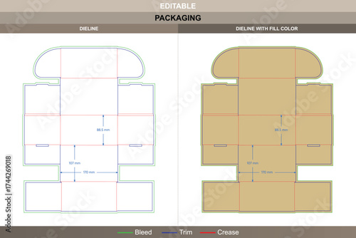 Polygonal mailer flip top box packaging template in custom dimensions featuring editable carton dieline, detailed folding mockup, and professional packaging die line layout