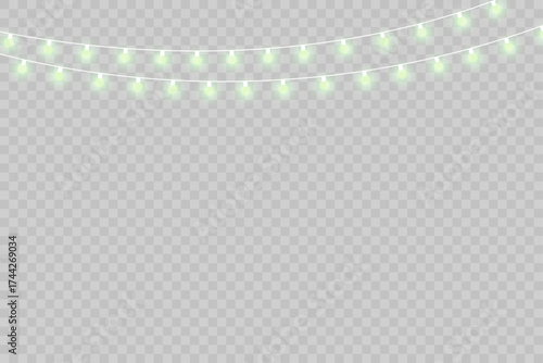 Green and golden glowing fairy lights garland on transparent background for festive holiday celebration design