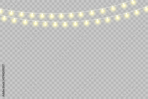 Warm golden fairy string lights garland glowing on transparent background for Christmas or wedding decoration