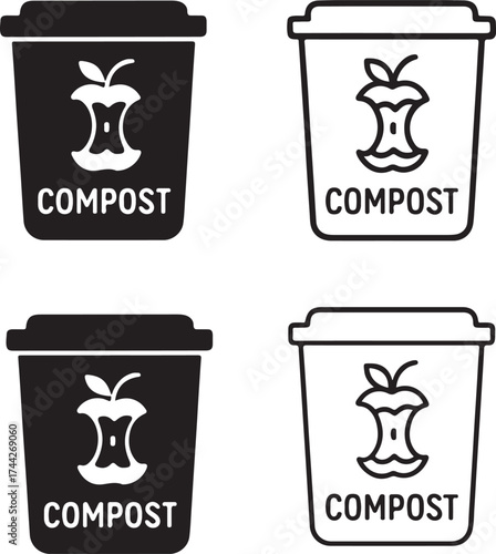 Compost bin icon set, organic waste bin icon, eco compost symbol, compost bin vector, minimal design recycling icon, compost bin icon for garden and environmental use