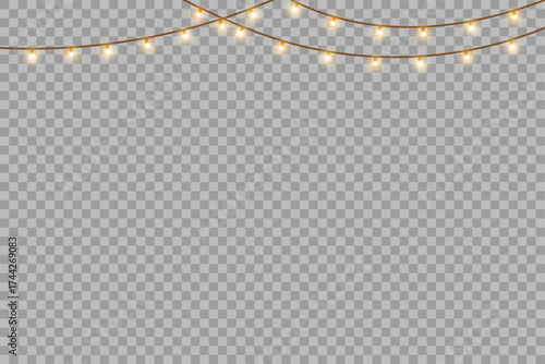 Golden warm fairy lights garland hanging on transparent background for New Year and festive party design