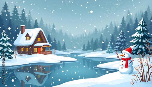  Winter landscape with snow and cozy house. Snowy vector landscape with pine trees, snowman, and warm house under night sky.