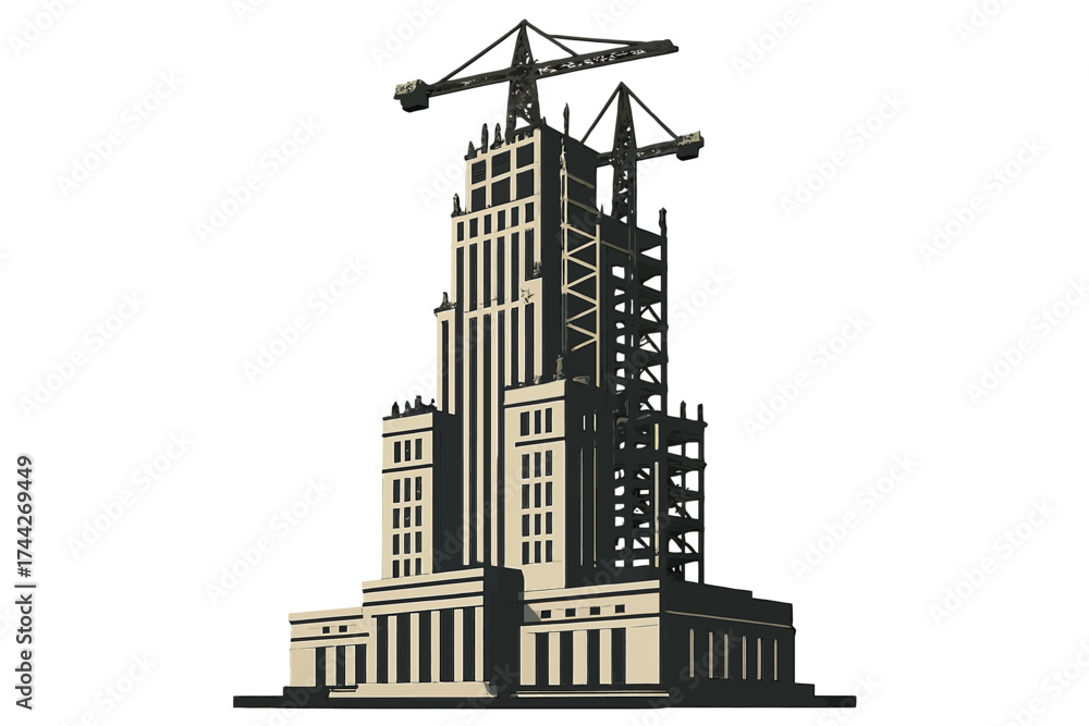 Fototapeta premium Art deco building construction with crane, architectural progress in stylized silhouette