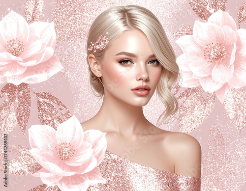 Blond woman, flowers, rose gold