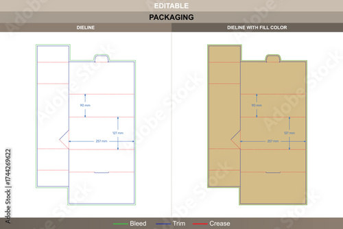 Recessed end folder tray box packaging template in custom dimensions featuring professional carton dieline, editable structural mockup, and precise folding die line details