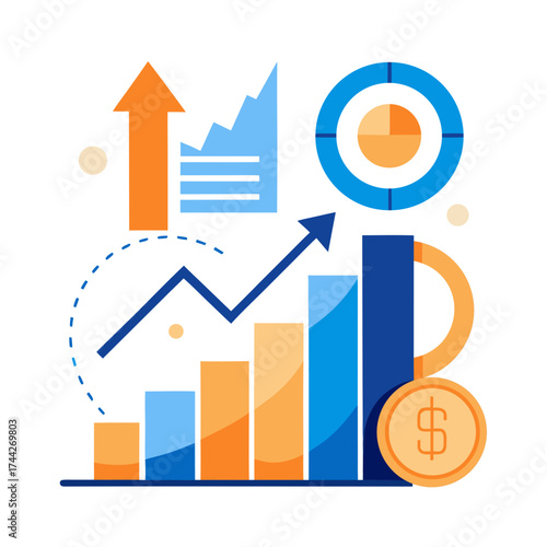 Vector illustration of business growth concept with bar charts arrow upward and target icon
