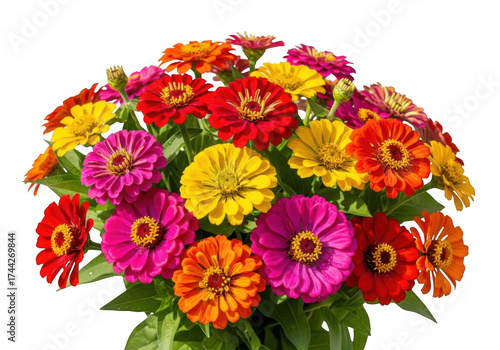 Vibrant bouquet of colorful zinnias blooming brightly capturing summer garden beauty isolated on transparent background
