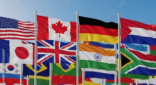 An array of national flags from various countries waving gently against a clear blue sky background