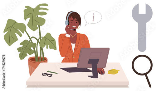 Woman wearing headset assisting via computer, speech bubble, magnifying glass, and wrench. Ideal for customer service, technical support, communication, troubleshooting, online help problem-solving