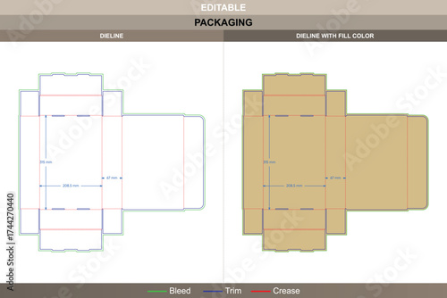 Tray box with self-locking walls and hinged lid packaging template featuring professional carton dieline, editable folding mockup, and accurate die line details for setup